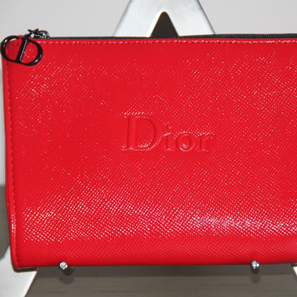 Dior Embossed Red Cosmetic Pouch Bag With  Black CD Charm & Zip Top